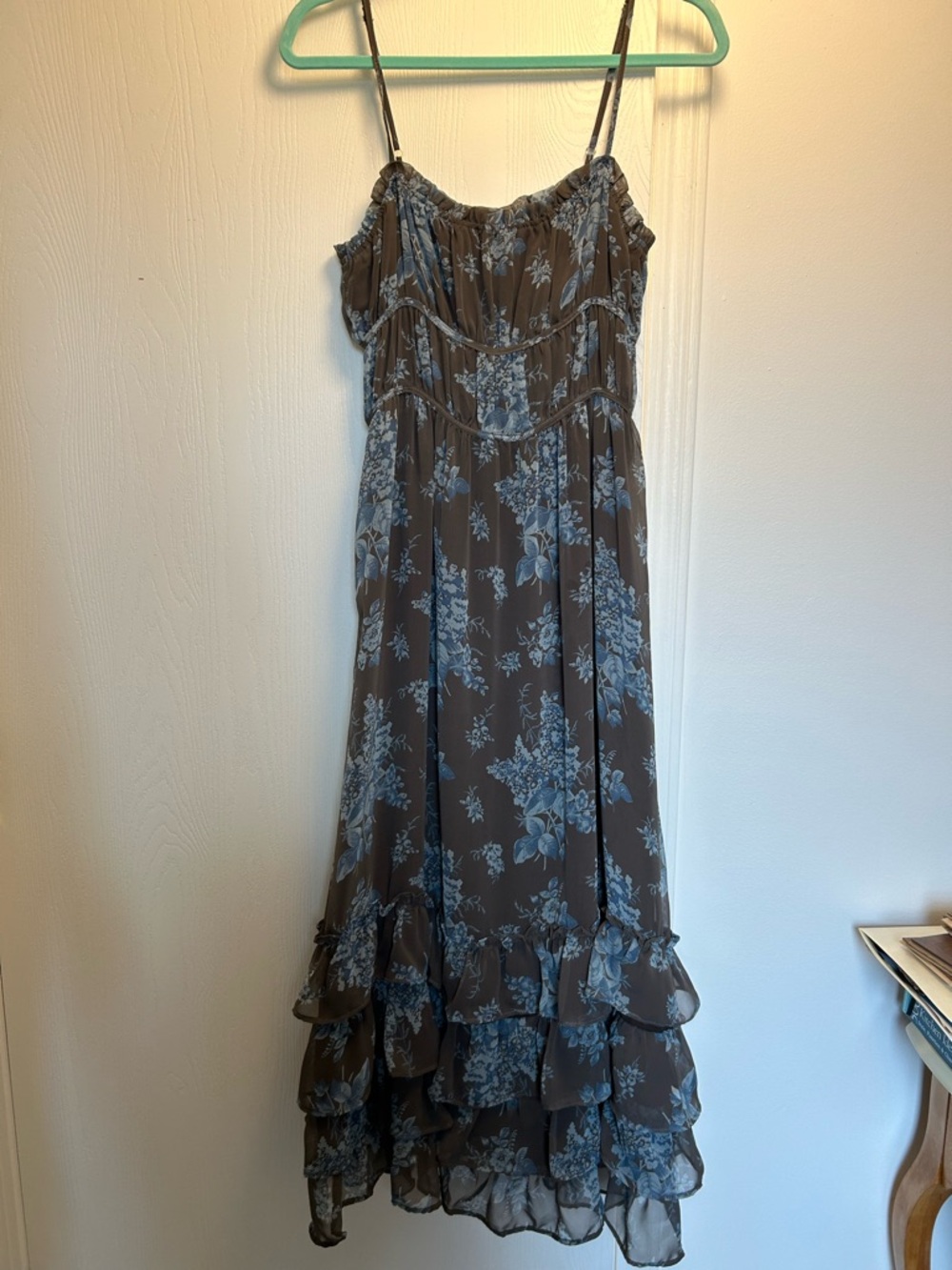 Gray Floral Tiered Maxi Dress with Blue Print